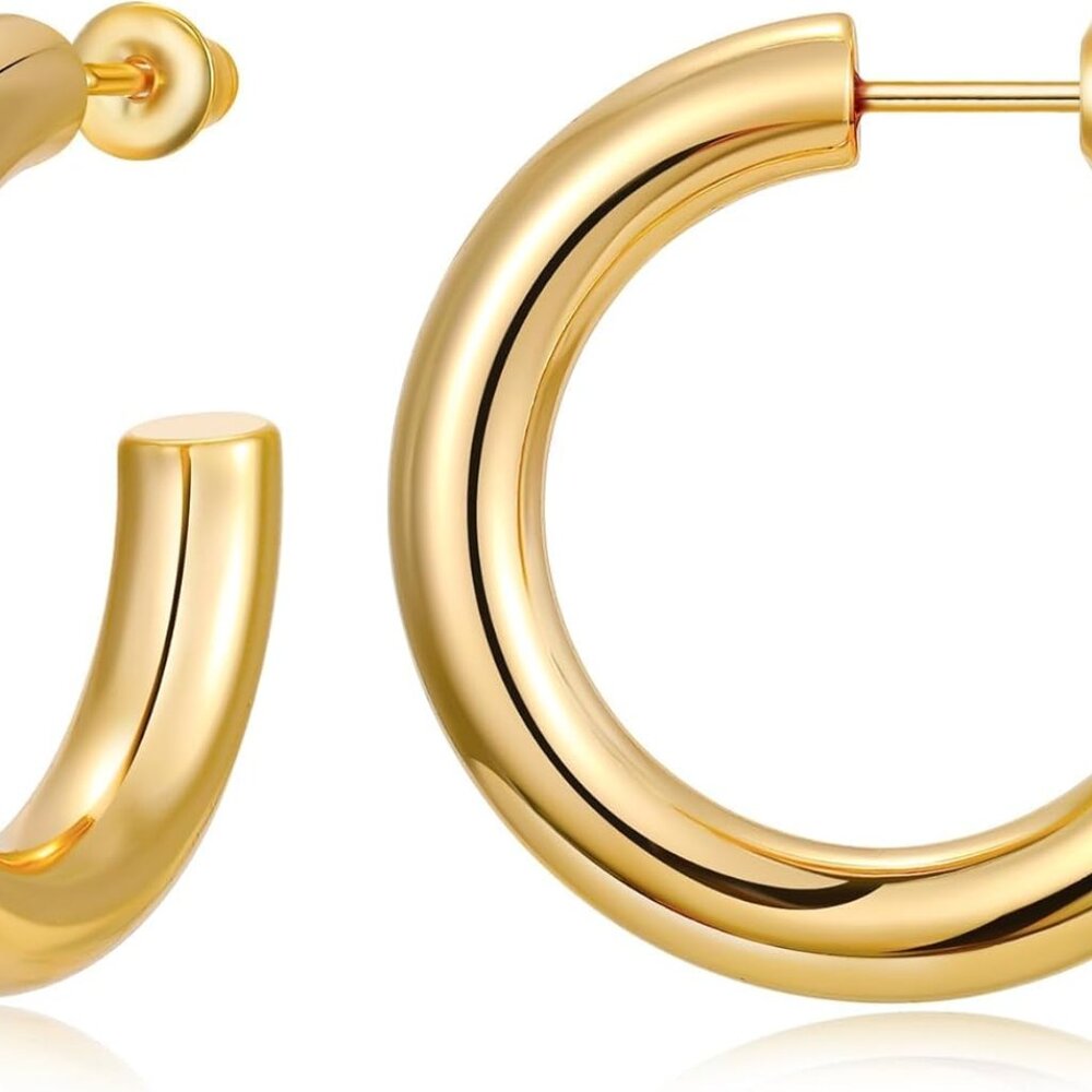 Chunky Gold Hoop Earrings for Women 14K Real Gold Plated, 925 Sterling Silver Po